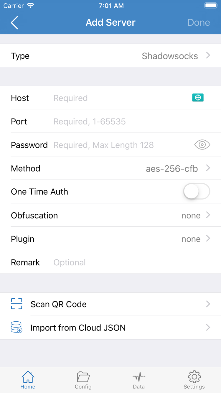 ShadowrocketのAdd Server画面。Type、Host、Port、Password、Methodと画面下部の読み込み項目が表示されています