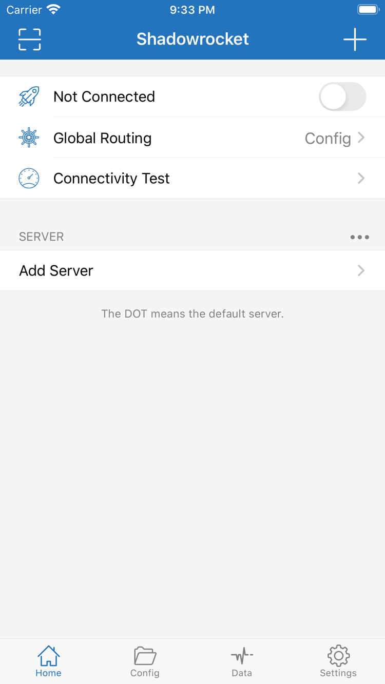 ShadowrocketのHome画面。上部にNot Connected、Global Routing、Connectivity Testがあり、その下にSERVERとAdd Serverが表示されています